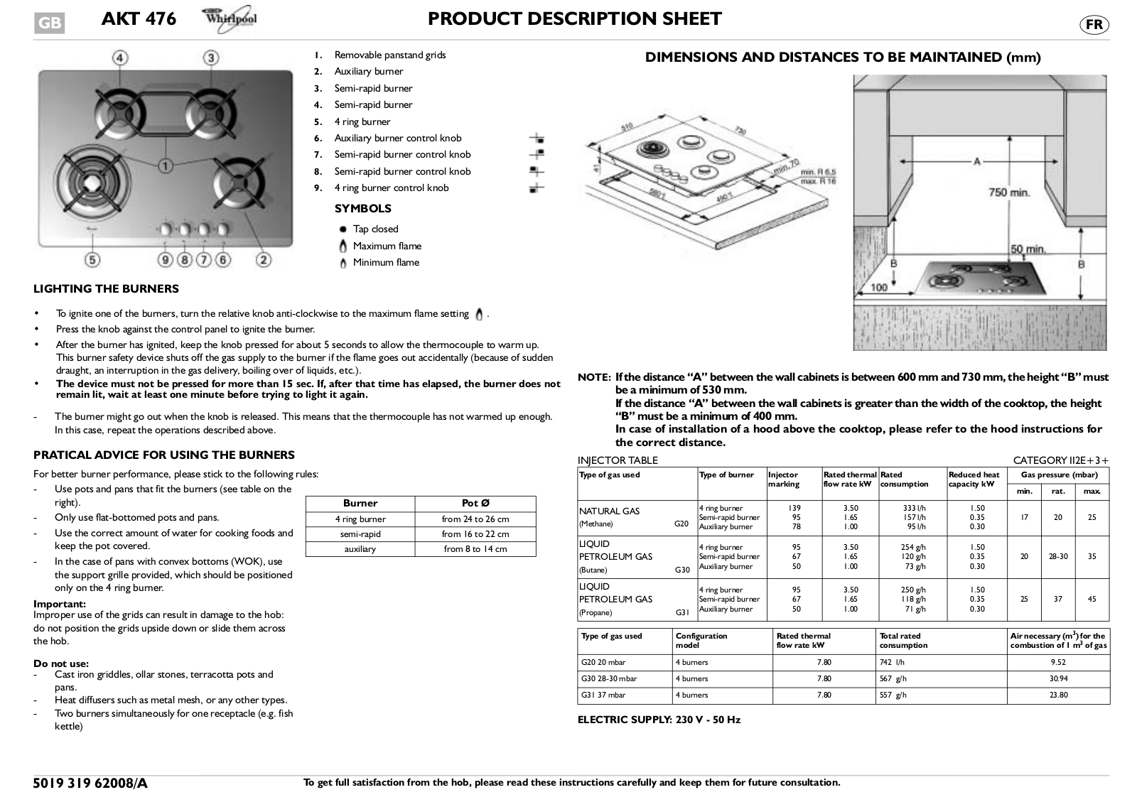 Whirlpool AKT 476/WH, AKT 476/MR, AKT 476/NB INSTRUCTION FOR USE