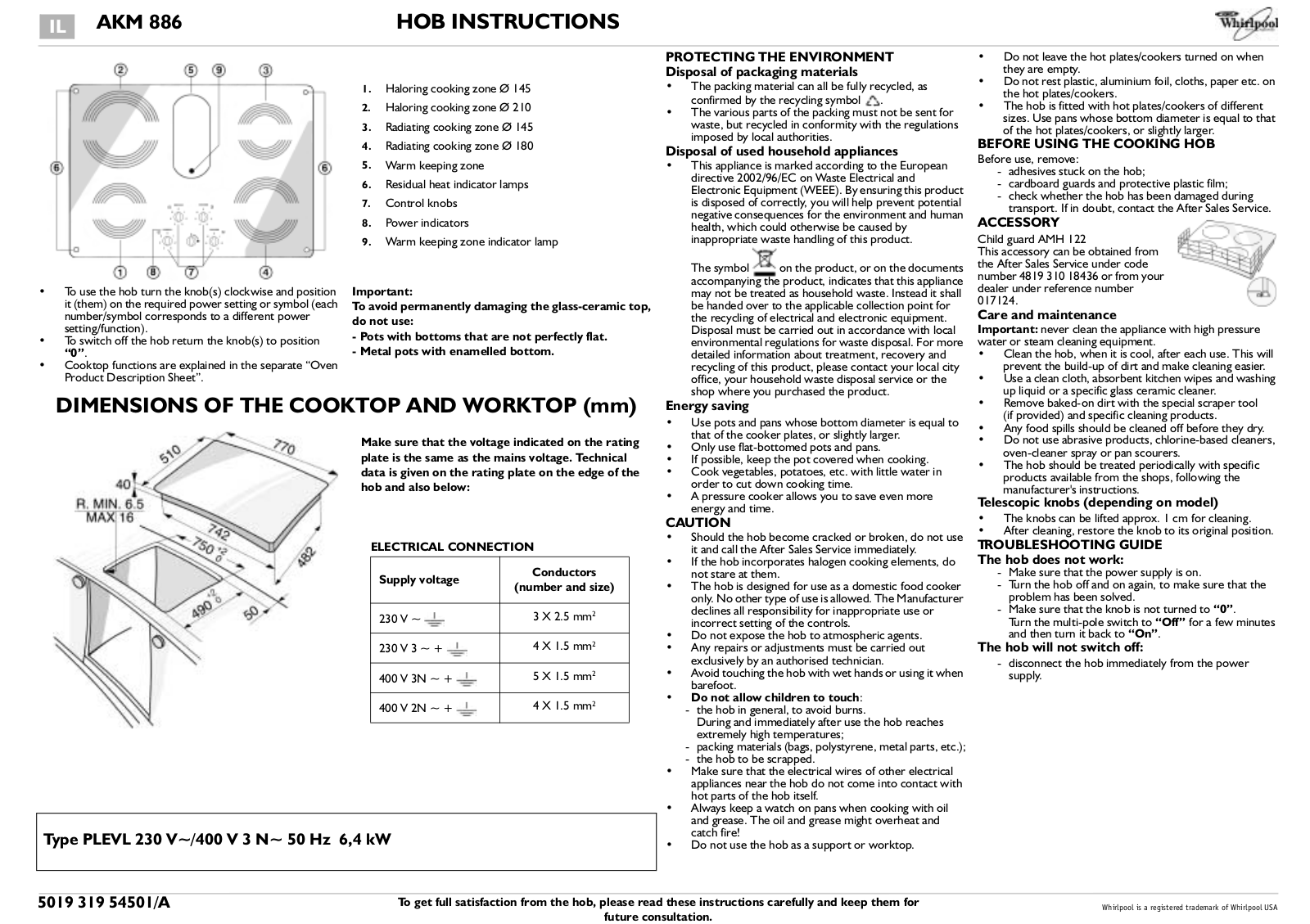 Whirlpool AKM 886/IX PROGRAM CHART