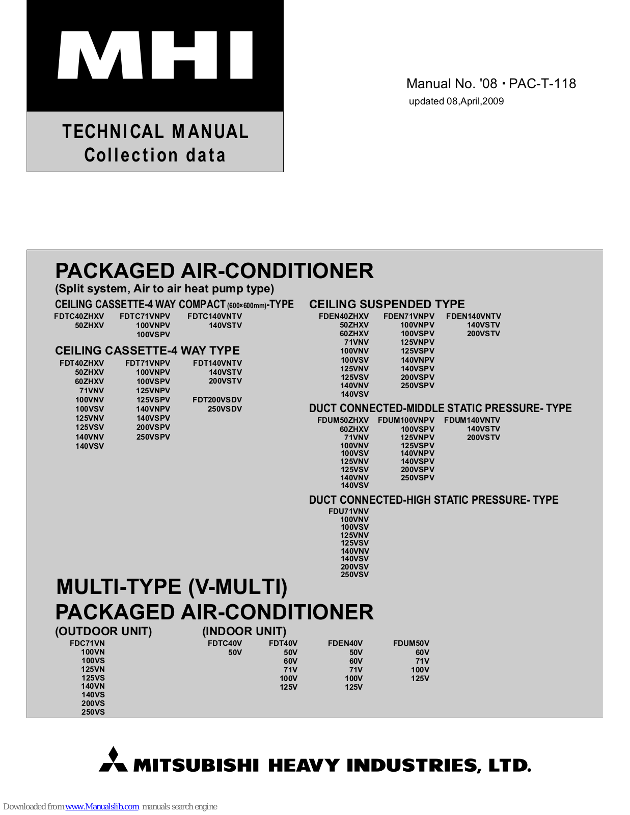 Mitsubishi Heavy Industries FDTC40ZHXV, FDT40ZHXV, FDT50ZHXV, FDT60ZHXV, FDT71VNV Technical Manual