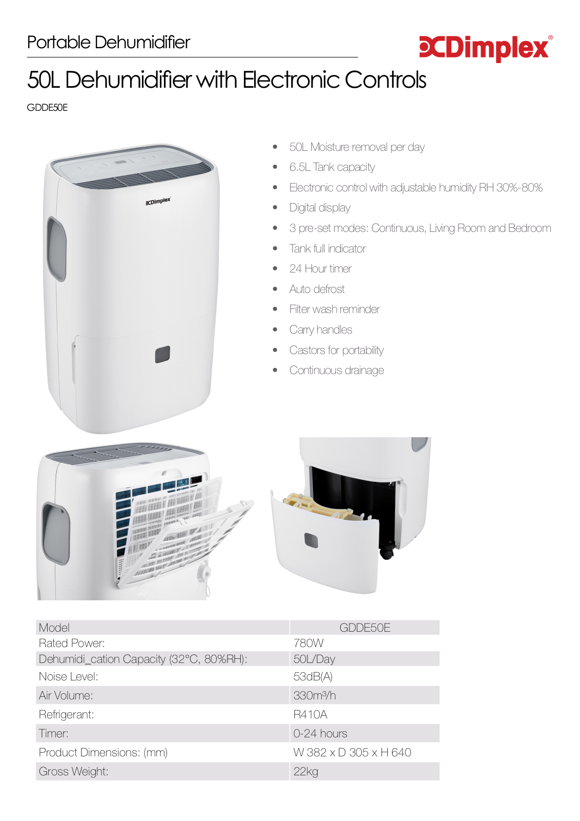 Dimplex GDDE50E Specifications Sheet