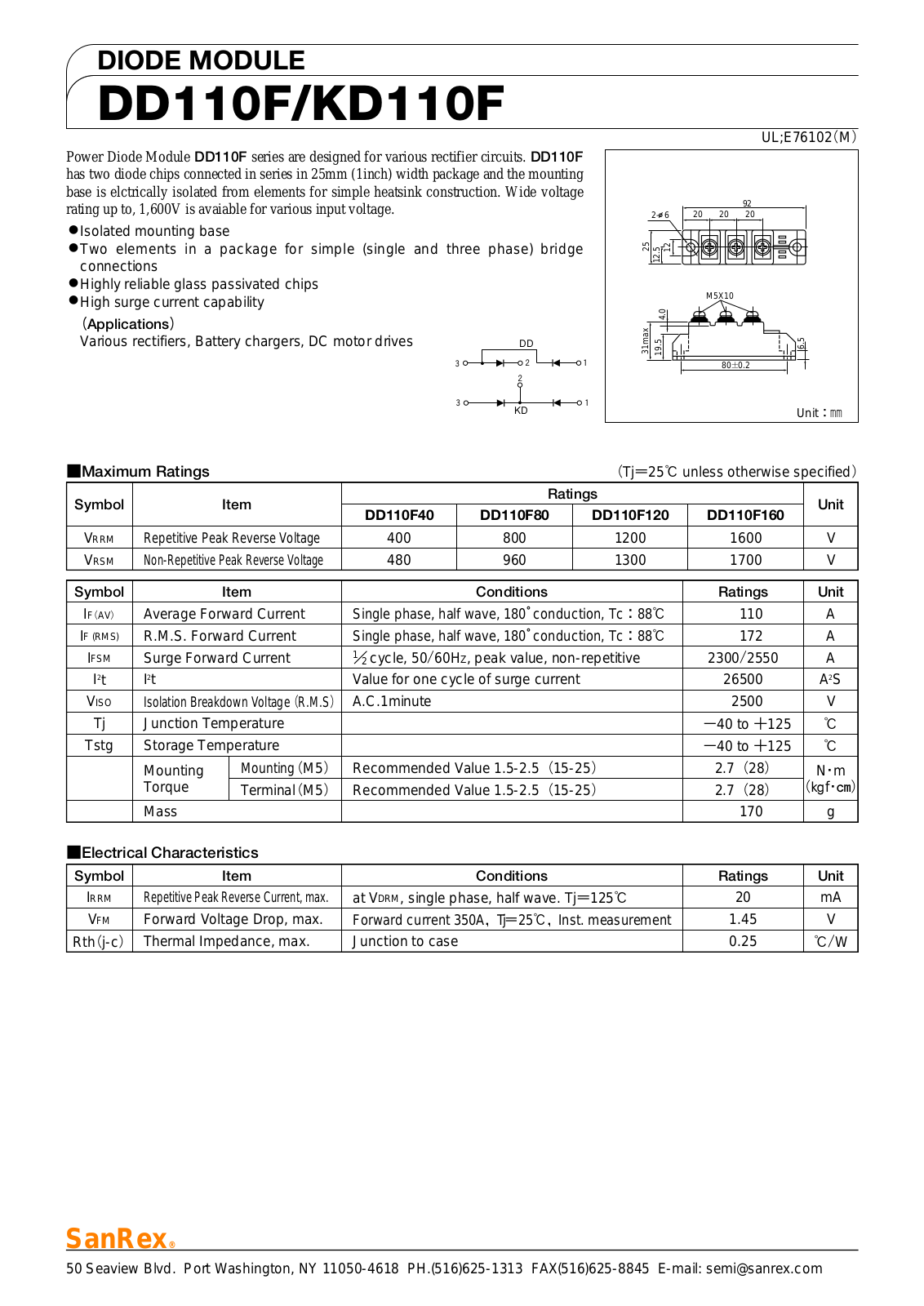 Sanrex-Sansha Electric Manufacturing DD110F, KD110F Data Sheet