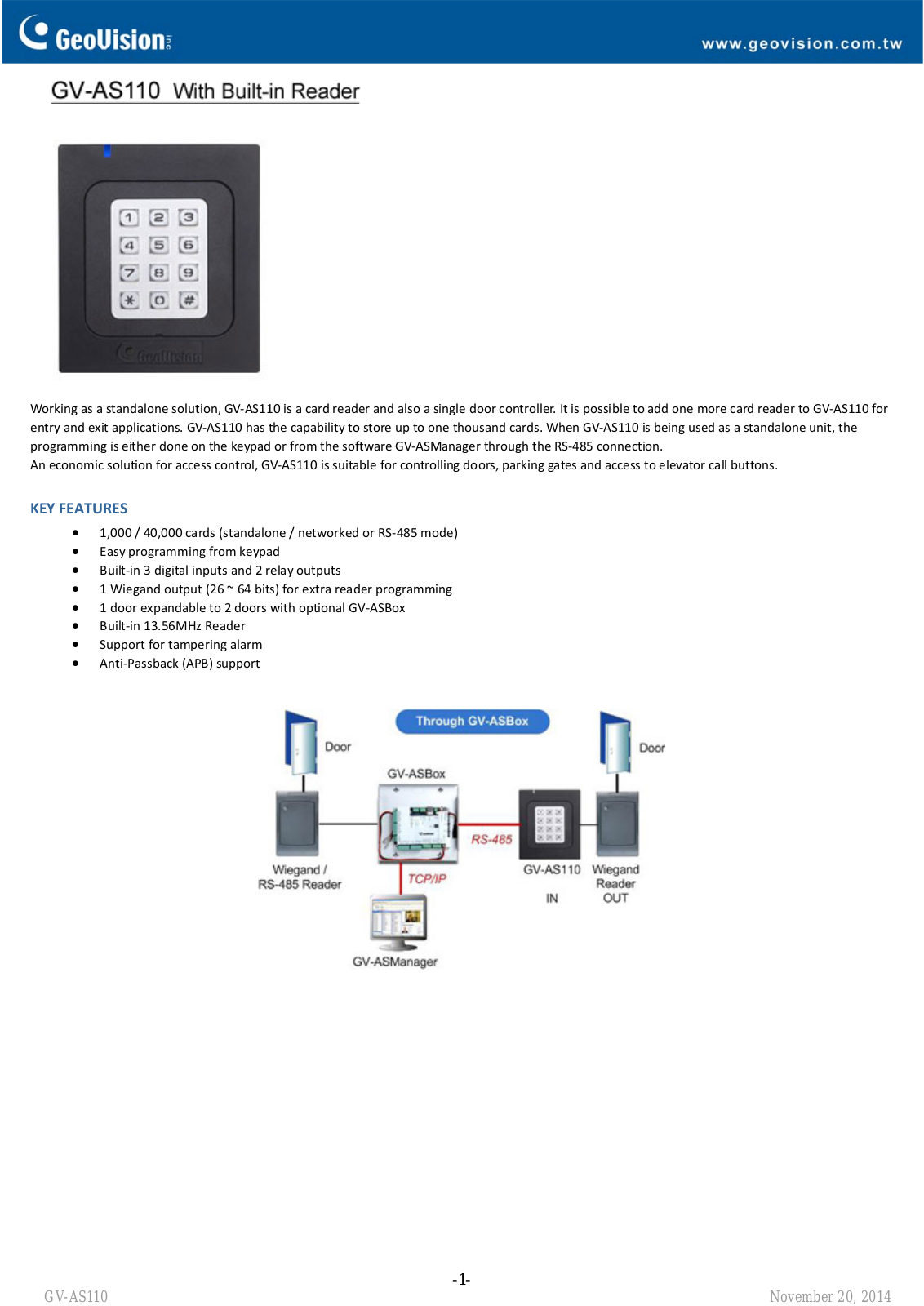 Geovision GV‐AS110 Specsheet