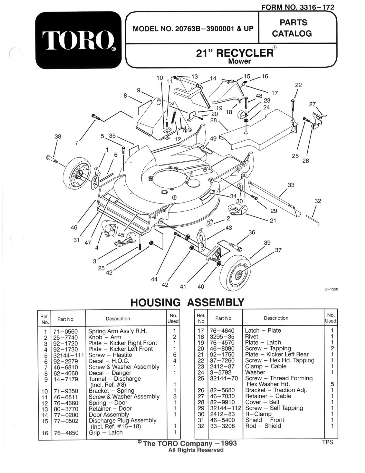 Toro 20763B Parts Catalogue