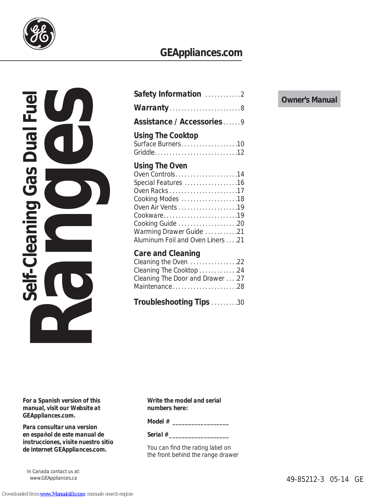 GE Self-Cleaning Gas Dual Fuel Ranges Owner's Manual