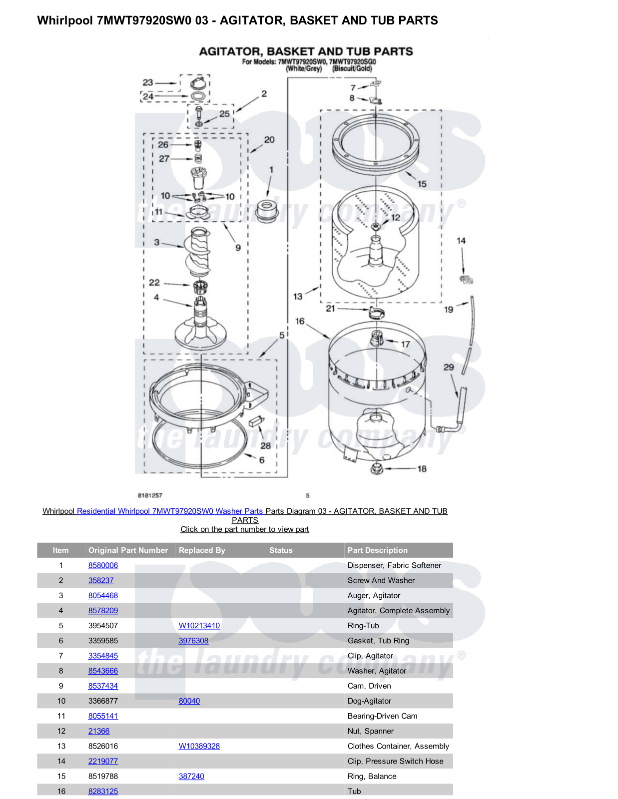 Whirlpool 7MWT97920SW0 Parts Diagram