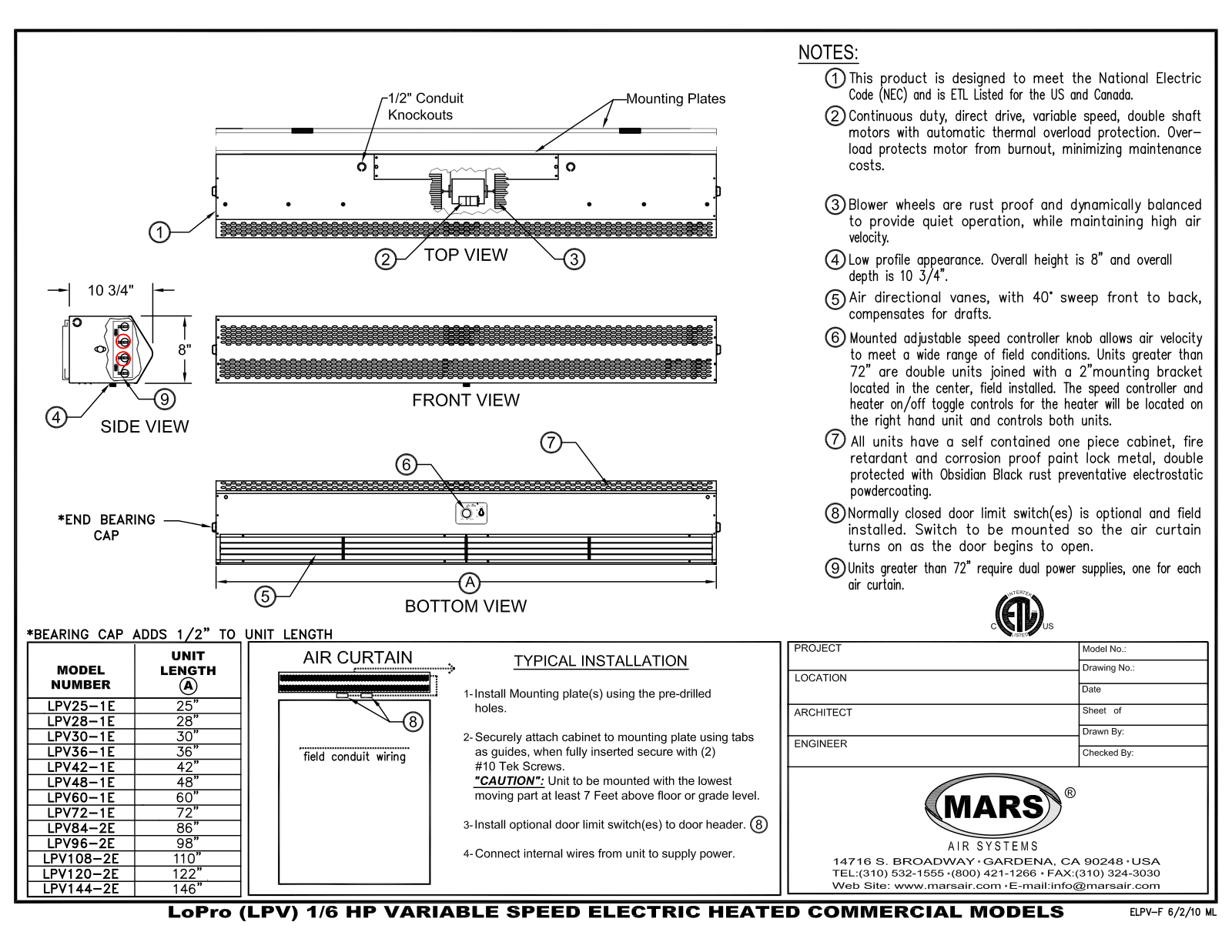 Marshall Air LPV108-2E, LPV72-2E User Manual