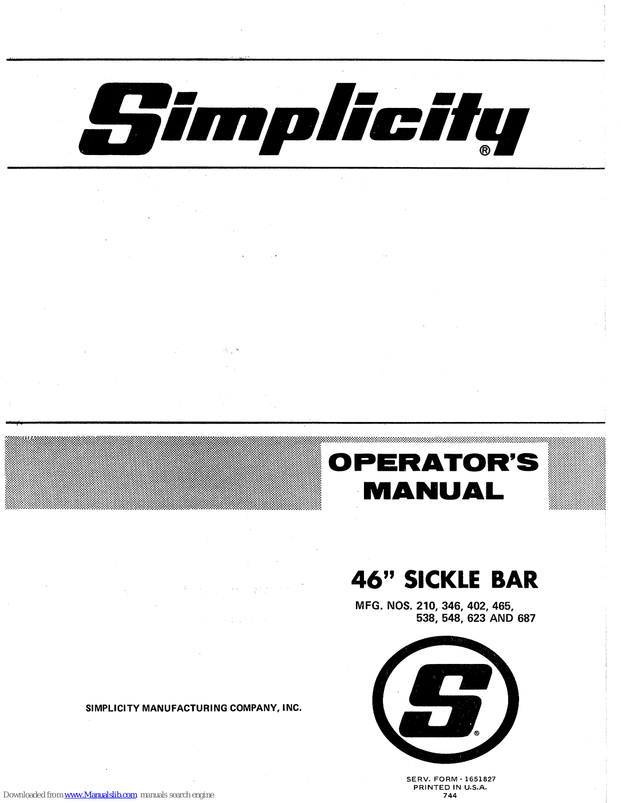 Simplicity 346, 402, 465, 538, 548 Operator's Manual