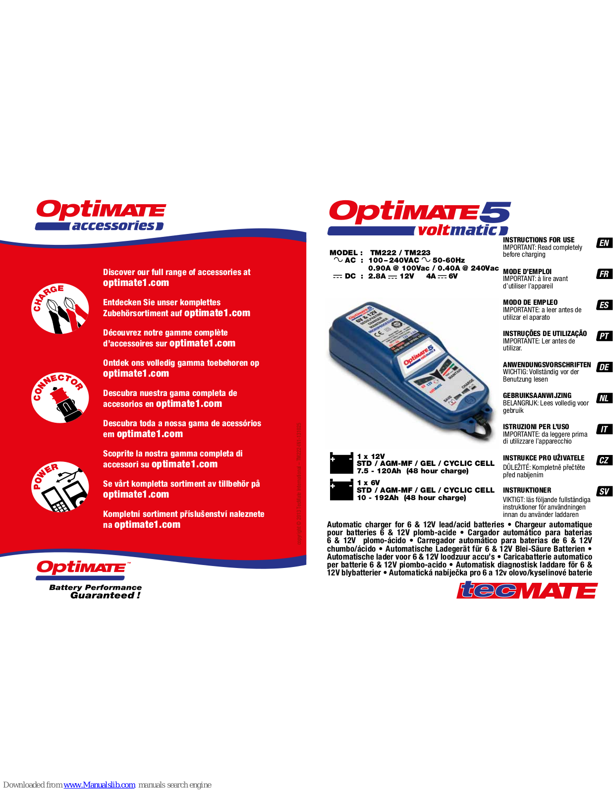 TecMate TM222, Optimate 5 Voltmatic, TM223 Instructions For Use Manual