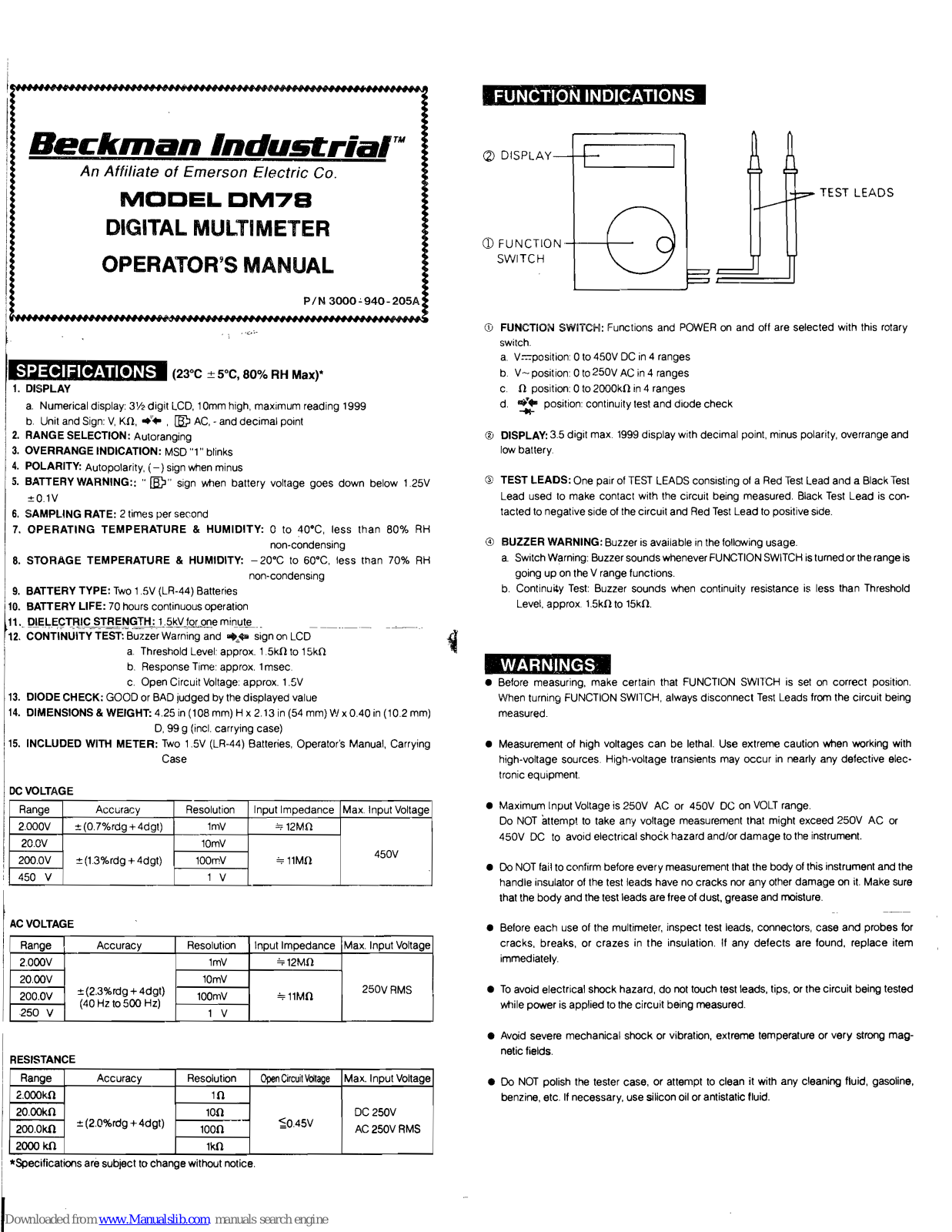 Emerson Beckman Industrial DM78 Operator's Manual