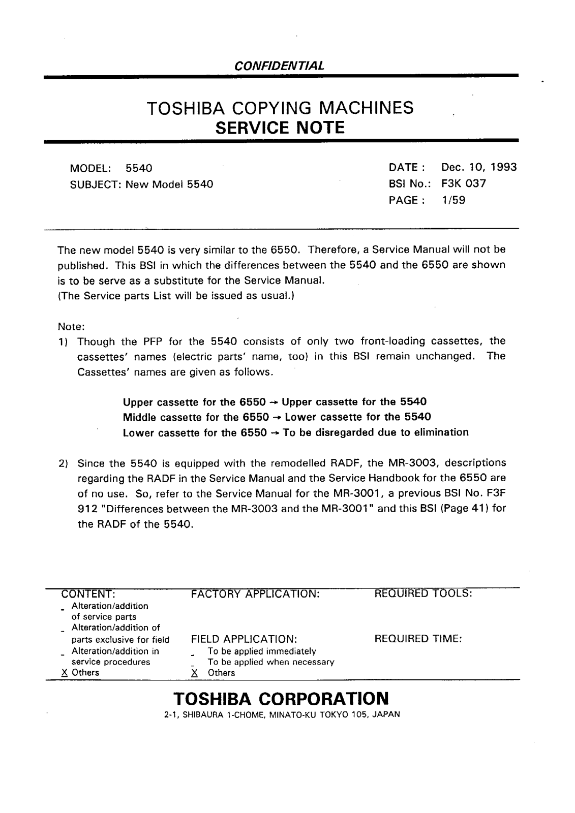 Toshiba f3k037 Service Note