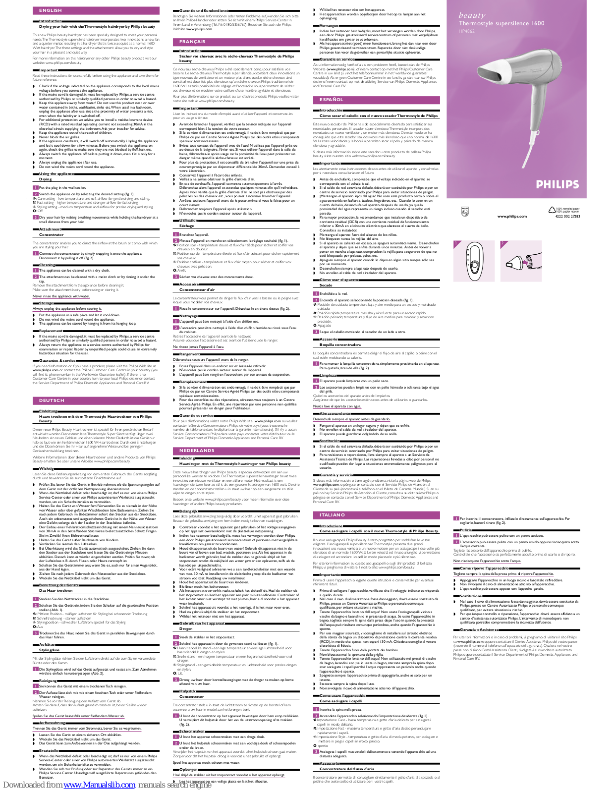 Philips HP4862/00, Thermostyle supersilence 1600 HP4862 User Manual