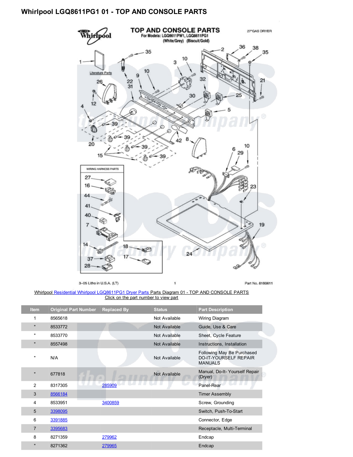 Whirlpool LGQ8611PG1 Parts Diagram