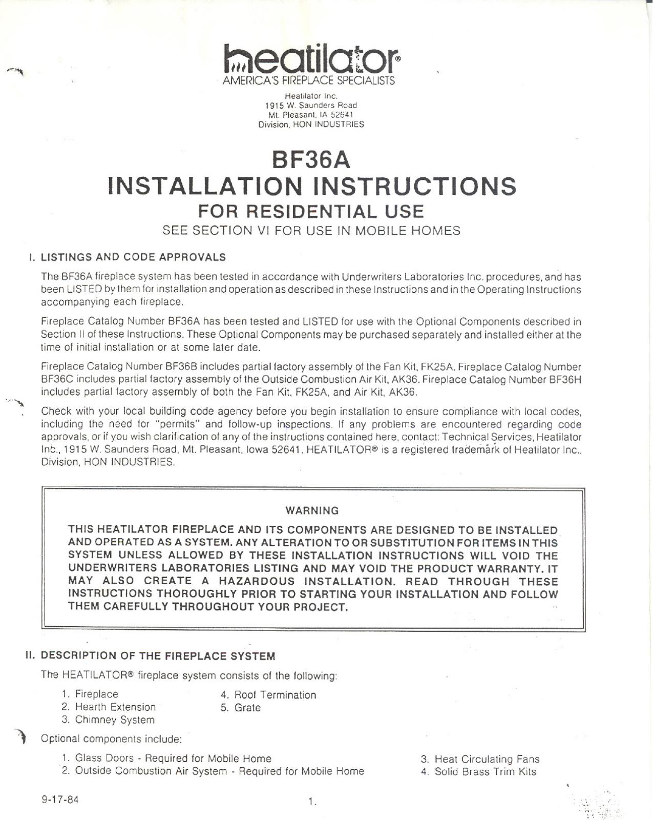 Heatiator BF36A User Manual