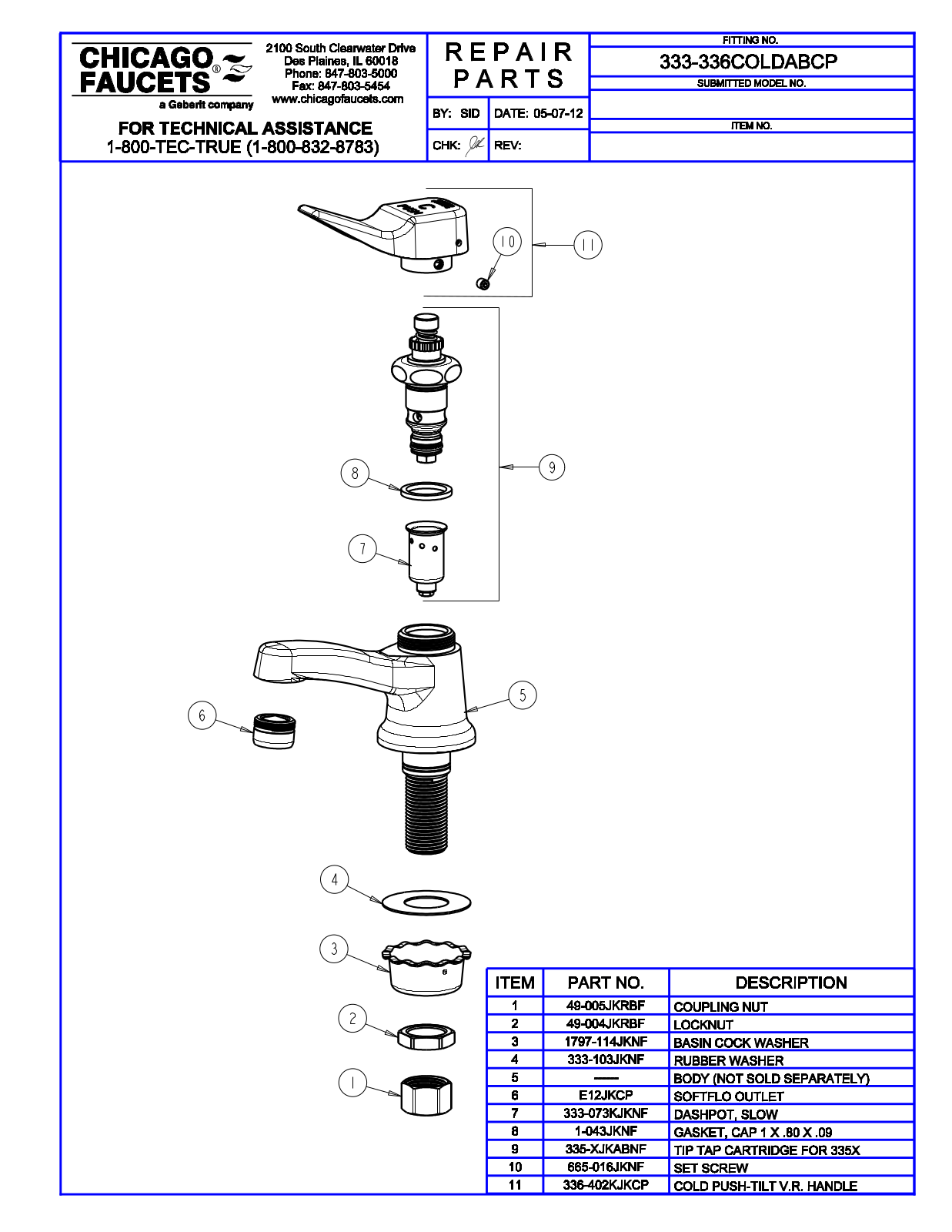 Chicago Faucet 333-336COLDABCP Parts List