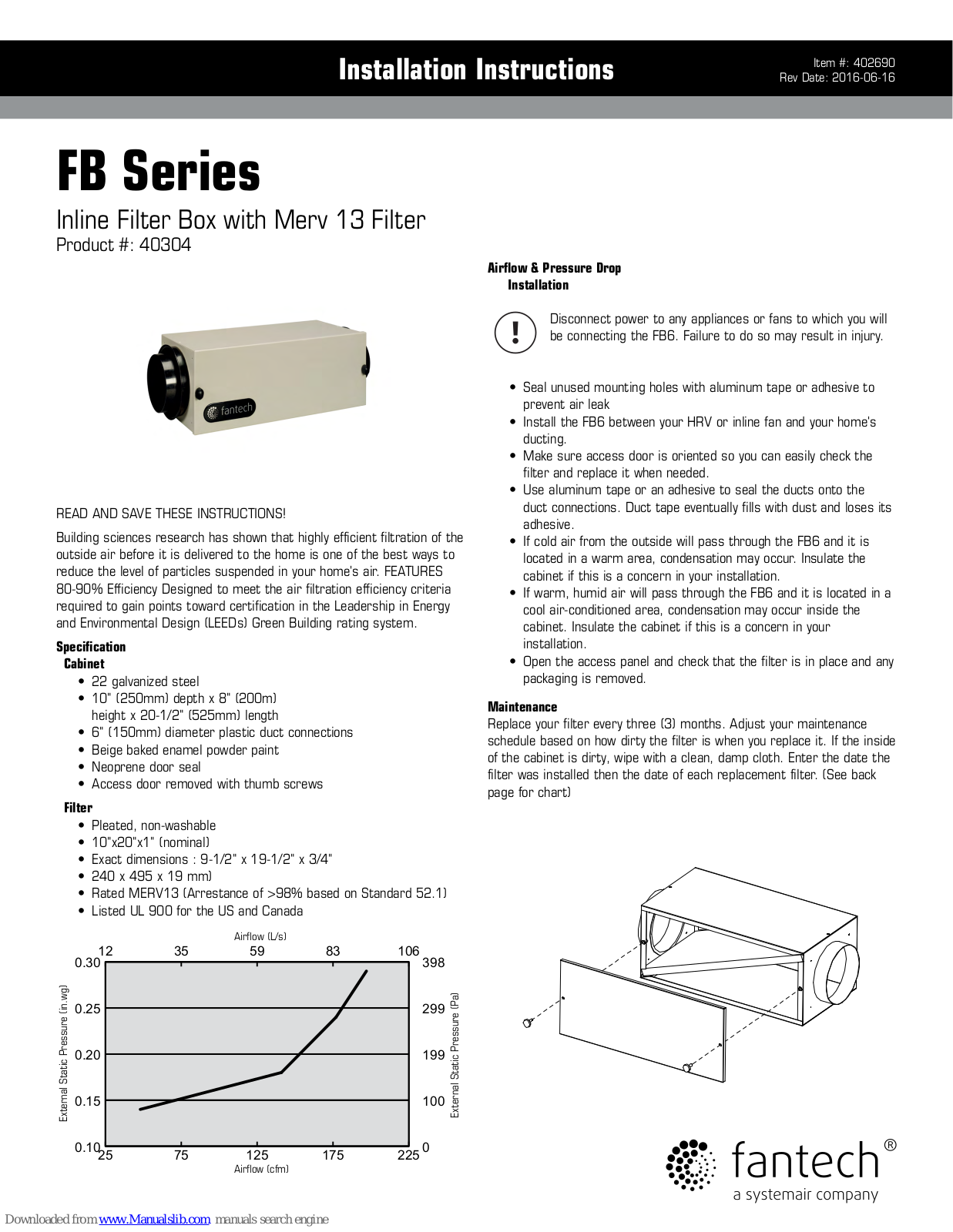 Fantech FB6 Installation Instructions Manual