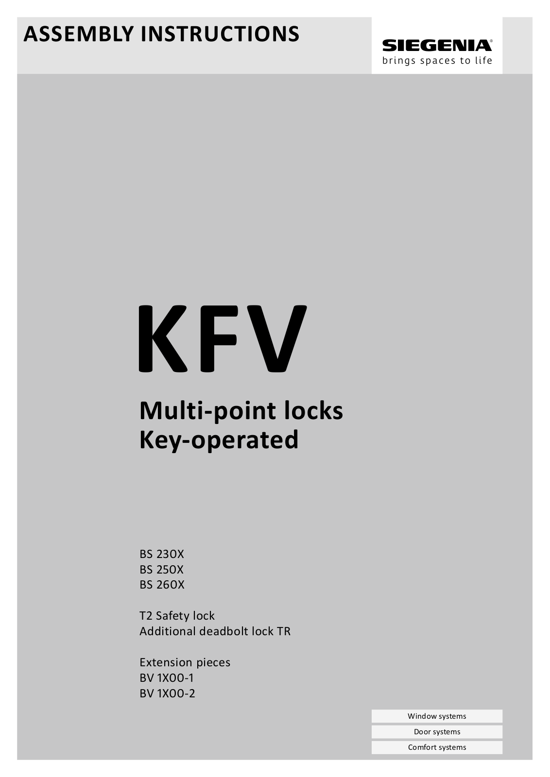 Siegenia BS 230X, BS 250X, KFV Series, BS 260X Assembly Instructions Manual