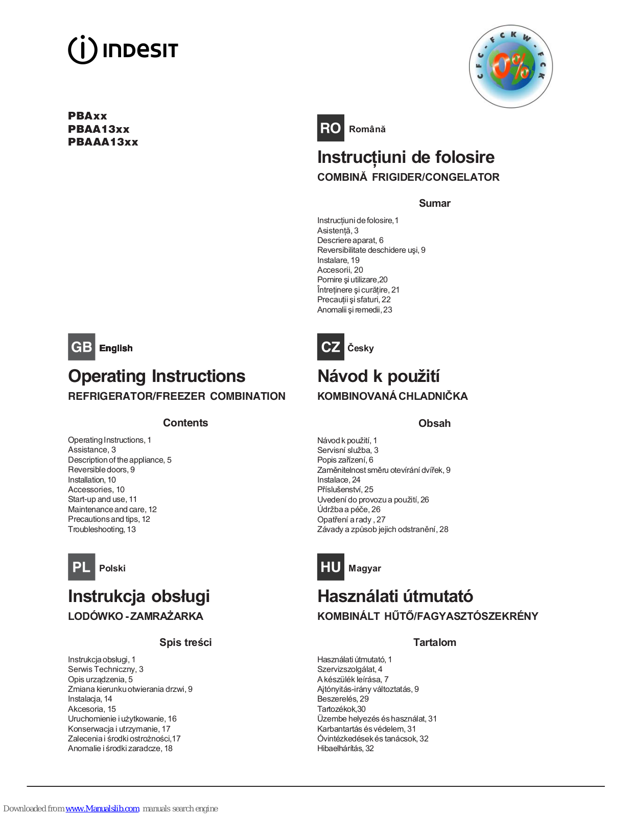 Indesit PBAxx, PBAAA13xx, PBAA13xx, BAN10xx, BAAN10xx Operating Instructions Manual