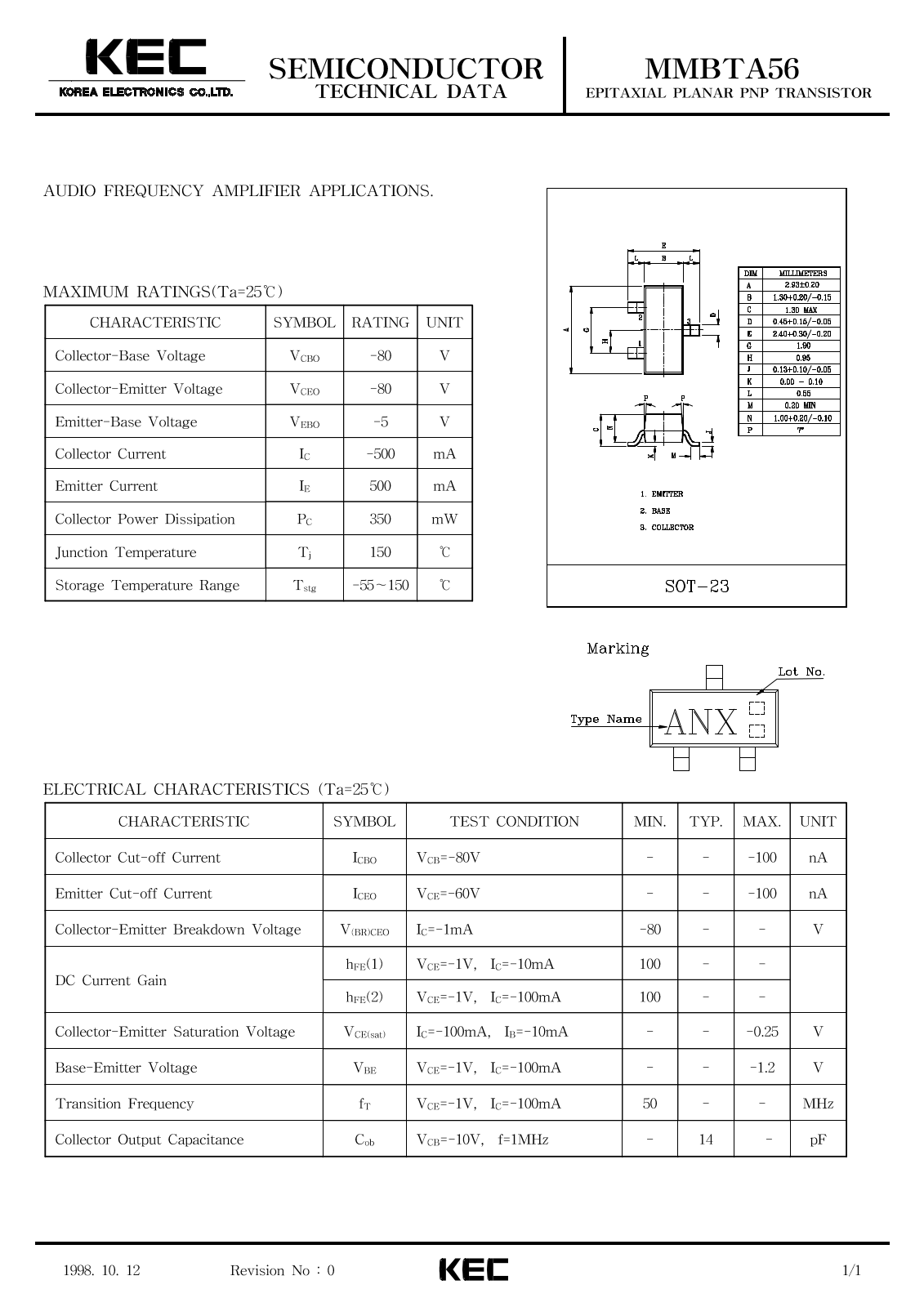 KEC MMBTA56 Datasheet