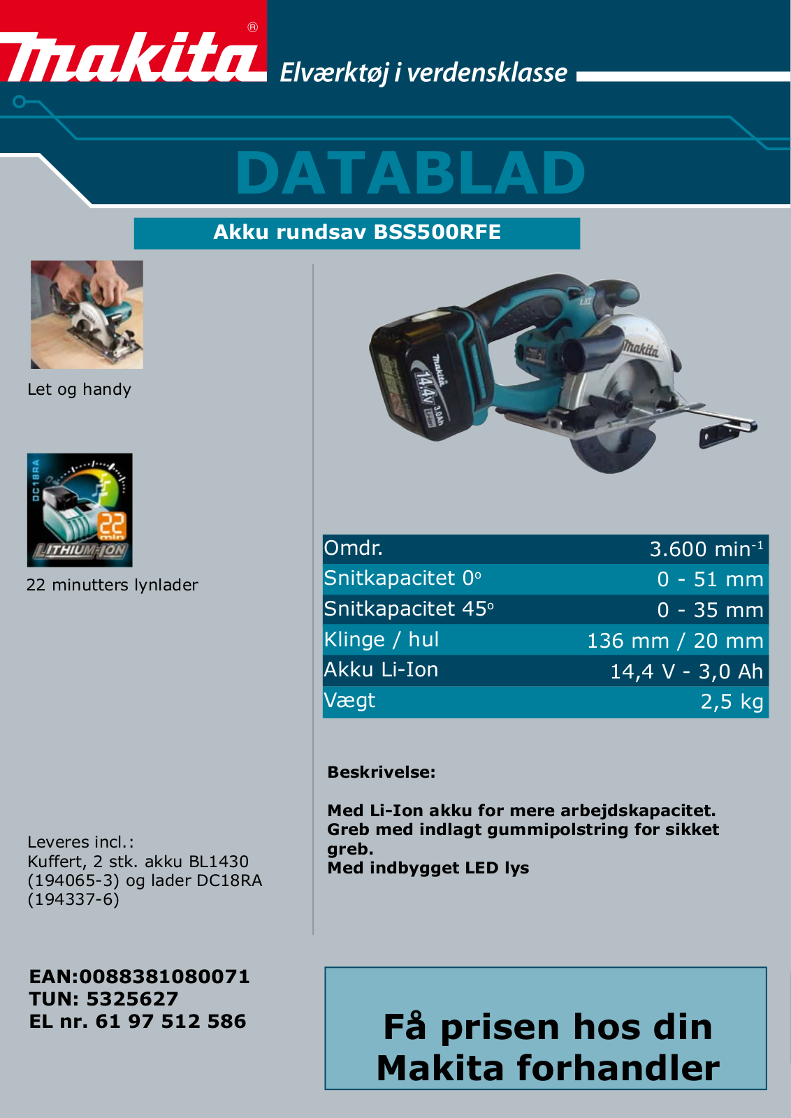 Makita BSS500RFE DATASHEET