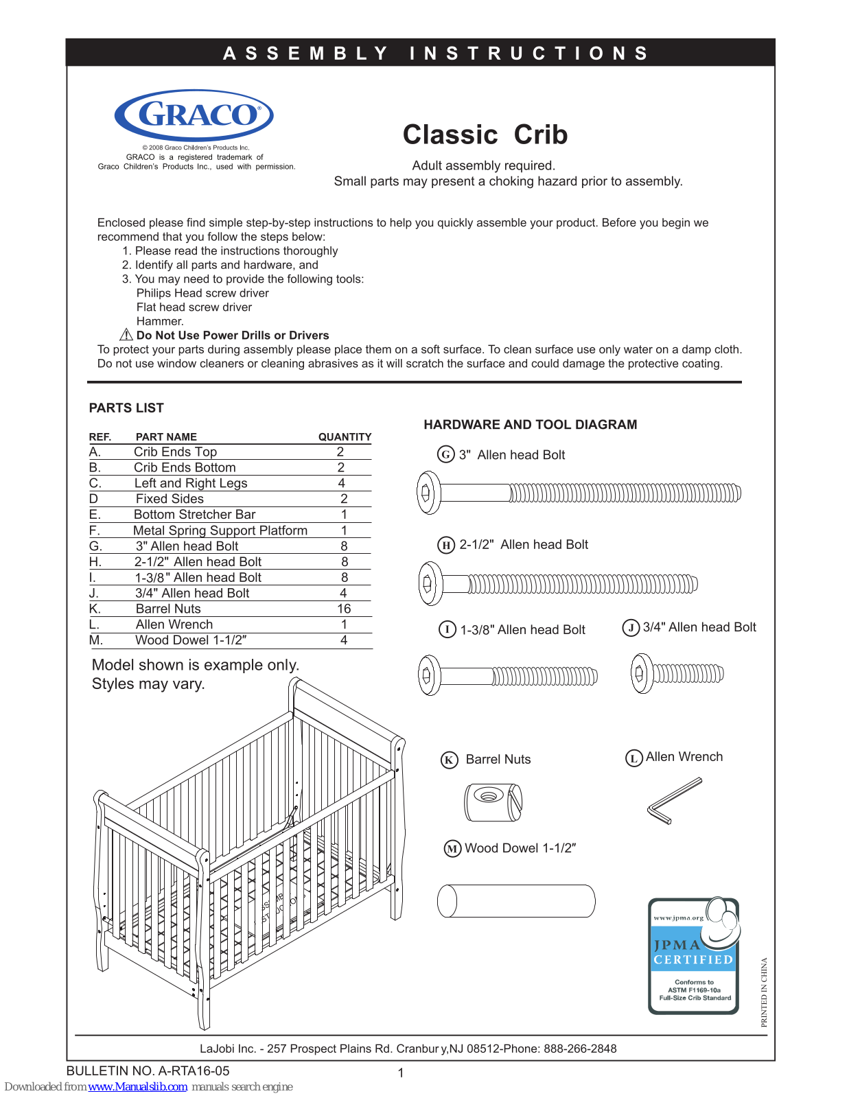 Graco 3281642-043 - Ashleigh Classic Crib, 3281681-043 - Ashleigh Crib in, 3581652-043 - Dakota Classic Crib, Classic Crib Assembly Instructions Manual