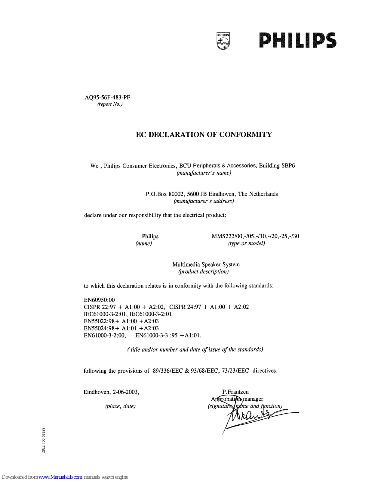 Philips MMS222/00, MMS222/10, MMS222/20, MMS222/05, MMS222/25 Declaration Of Conformity