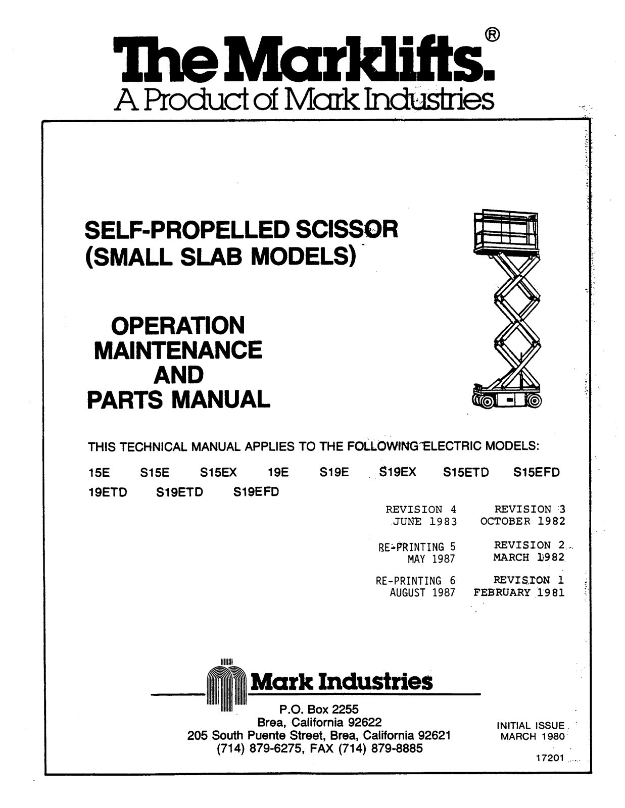 Marklifts 19E, S15E, 15E, S19EFD, 19ETD Operator's Manual - ManualMachine.com