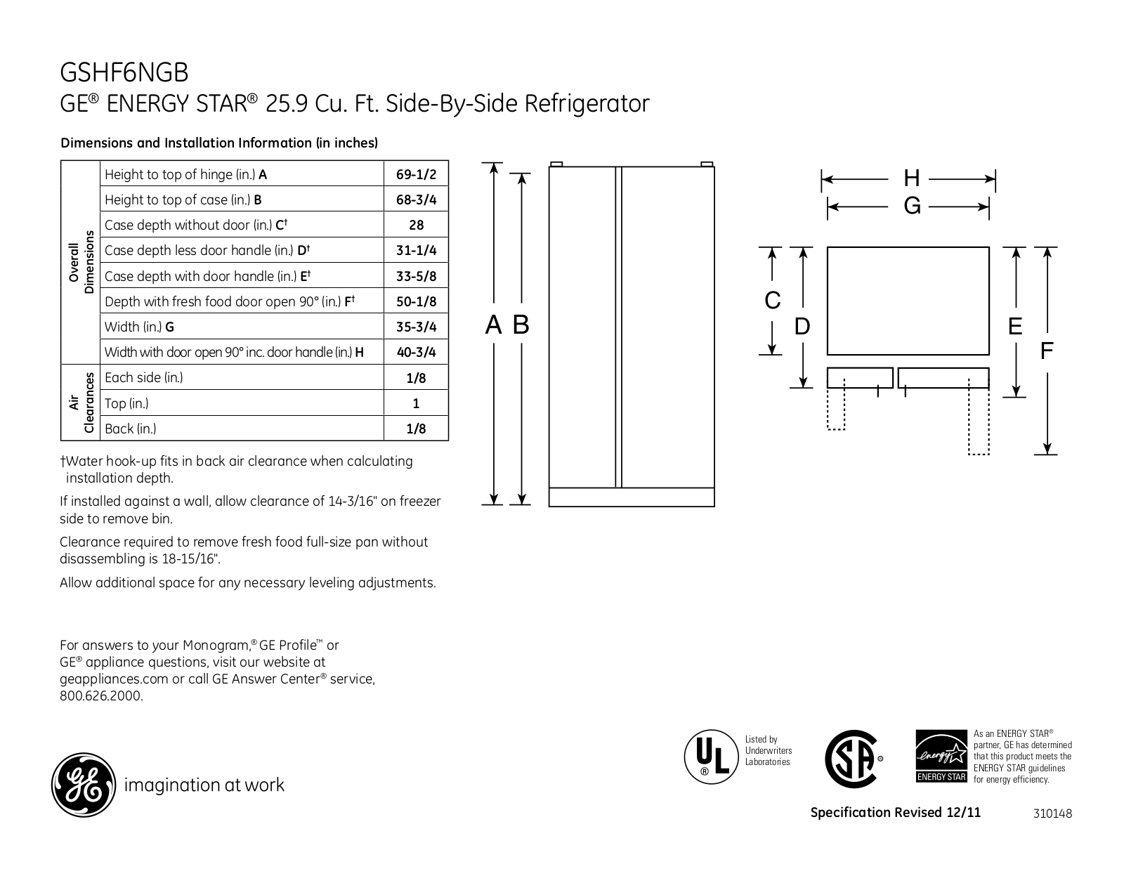 GE GSHF6NGB Specification