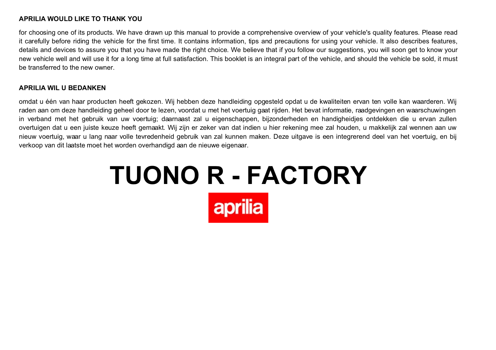 Aprilia TUONO 1000 R FACTORY User Manual