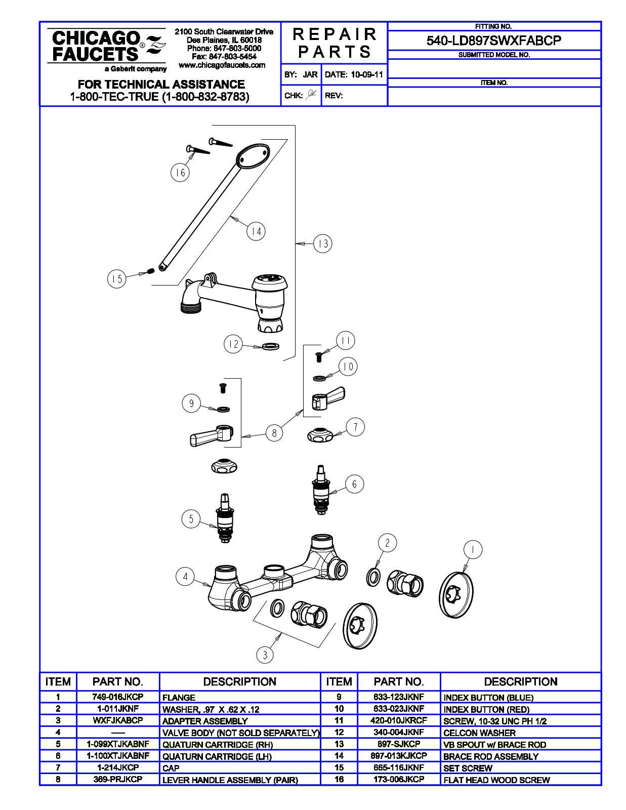 Chicago Faucet 540-LD897SWXFABCP Parts List