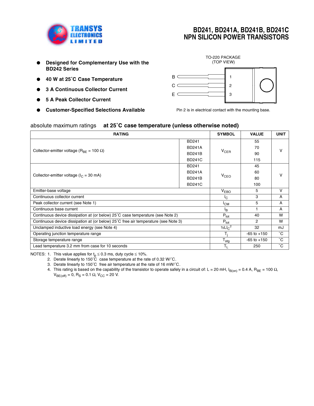 TEL BD241C, BD241C, BD241B, BD241B, BD241A Datasheet