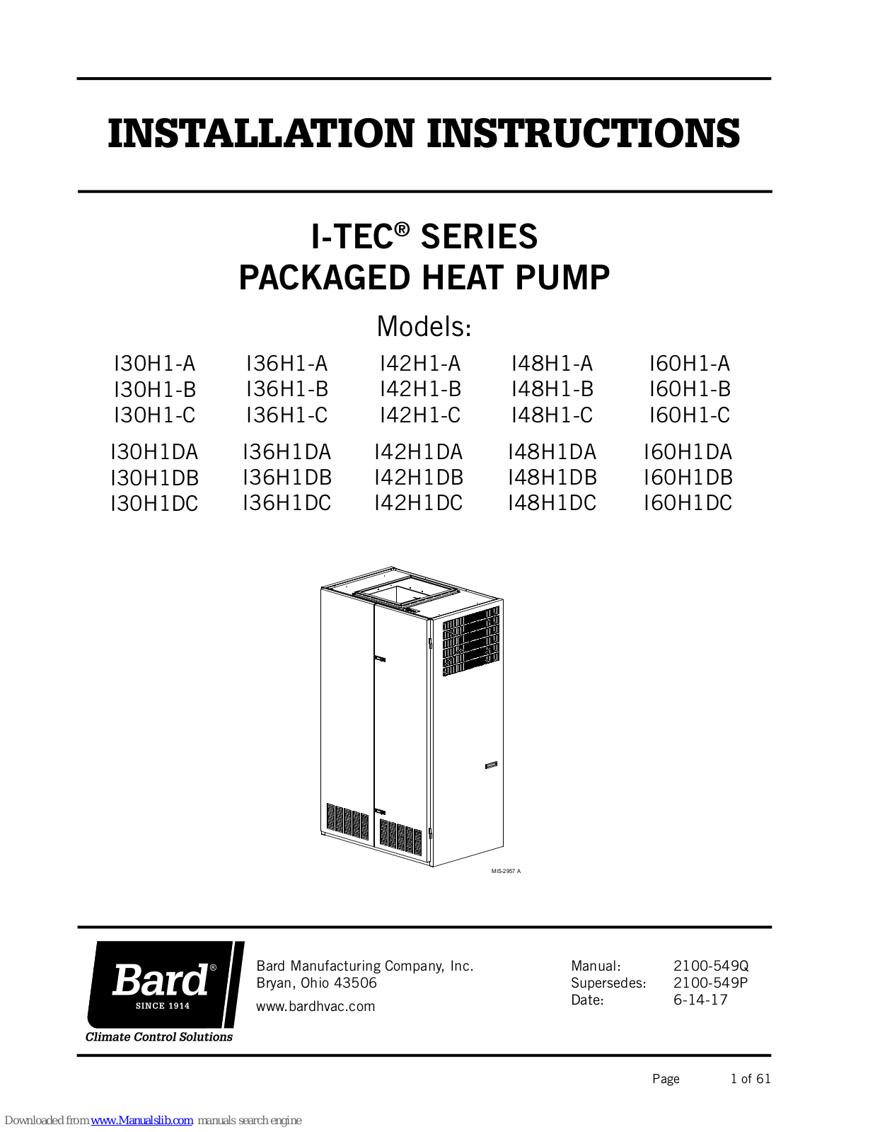 Bard I36H1-A, I36H1-C, I30H1-C, I30H1-B, I36H1-B Installation Instructions Manual