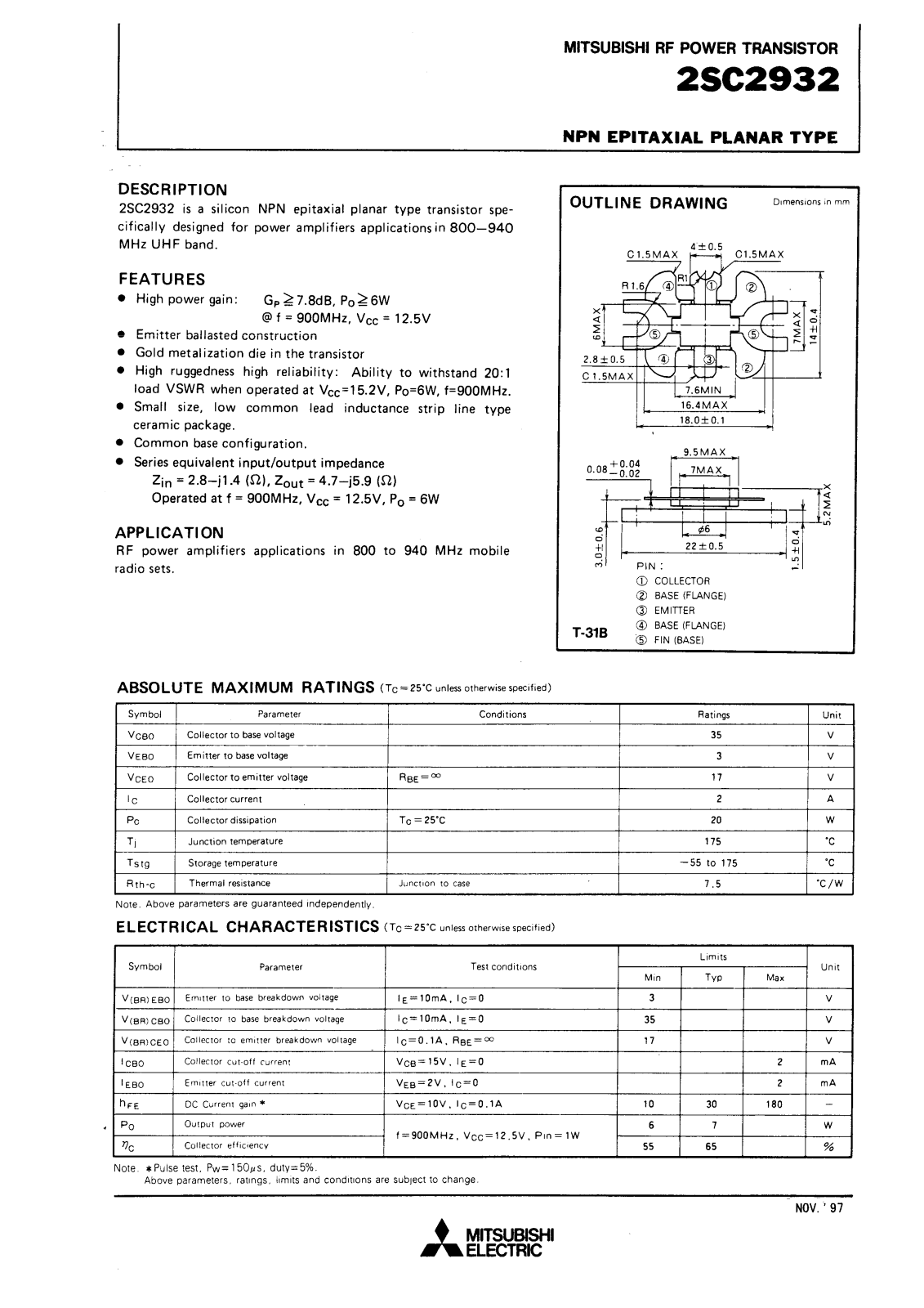 Mitsubishi Electric Corporation Semiconductor Group 2SC2932 Datasheet