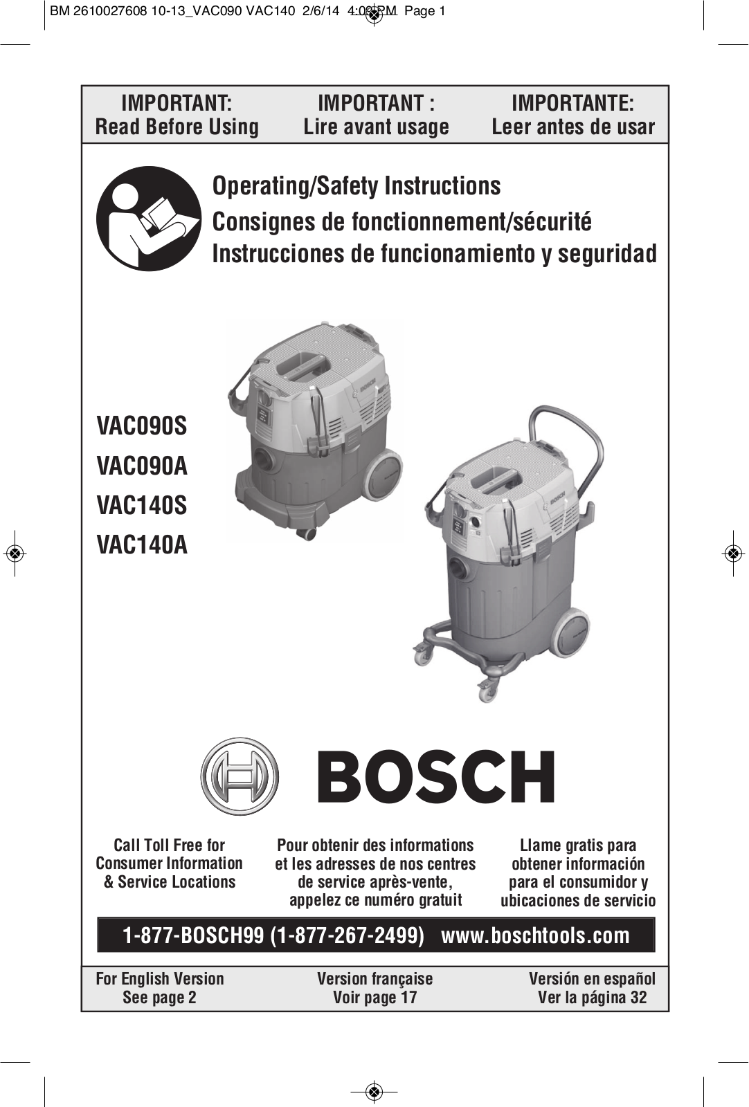 Bosch VAC090S, VAC090A, VAC140S, VAC140A User Manual