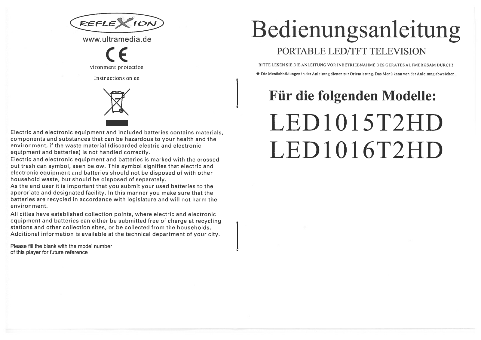 Reflexion LED1015T2HD operation manual