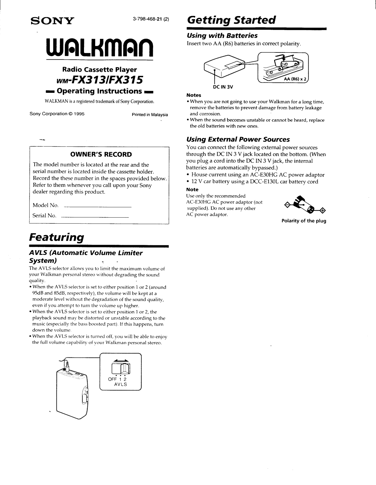 Sony WM-FX313 User Manual