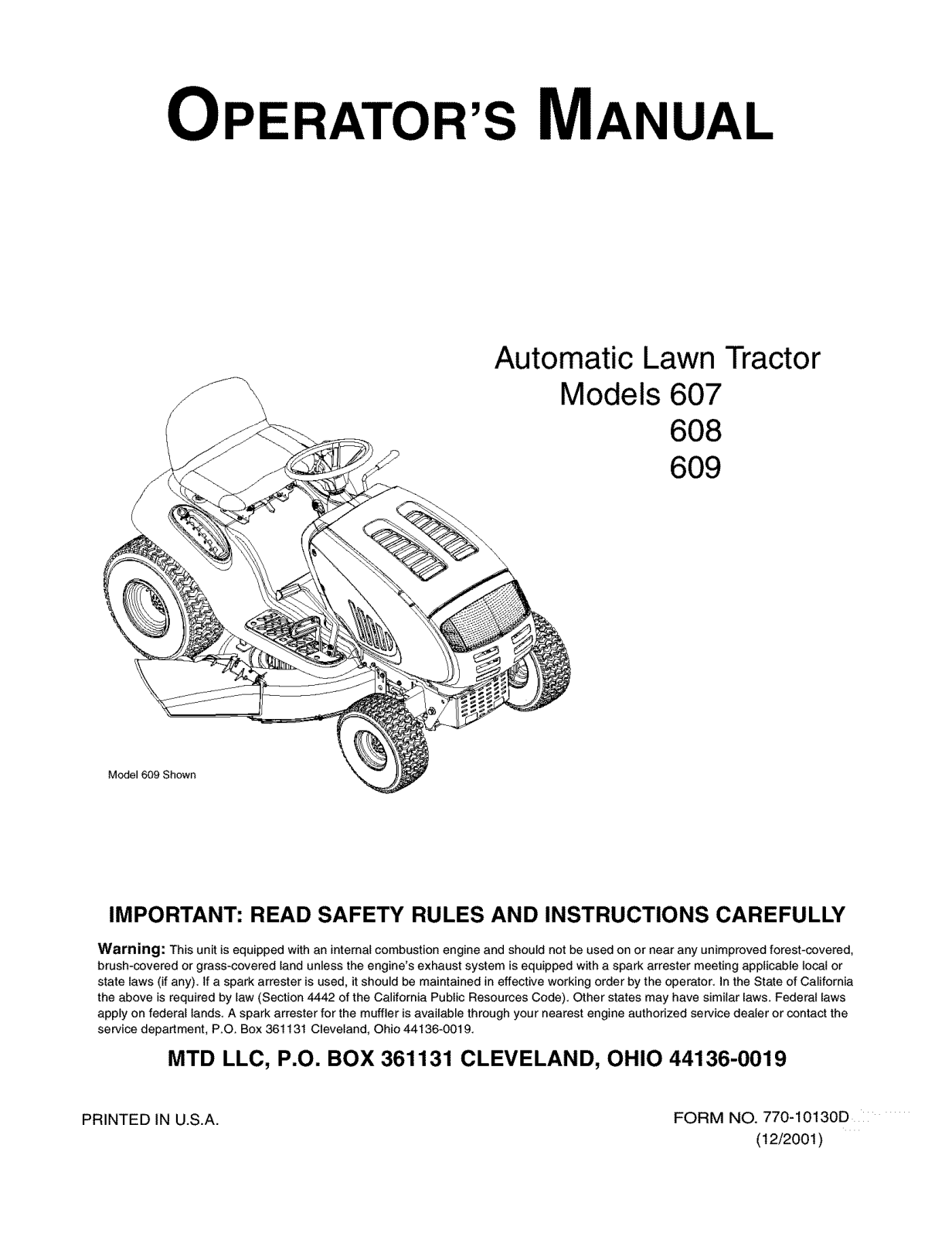 Troybilt 13AT609H063-2001, 609, 608, 13AF608G062 Owner’s Manual