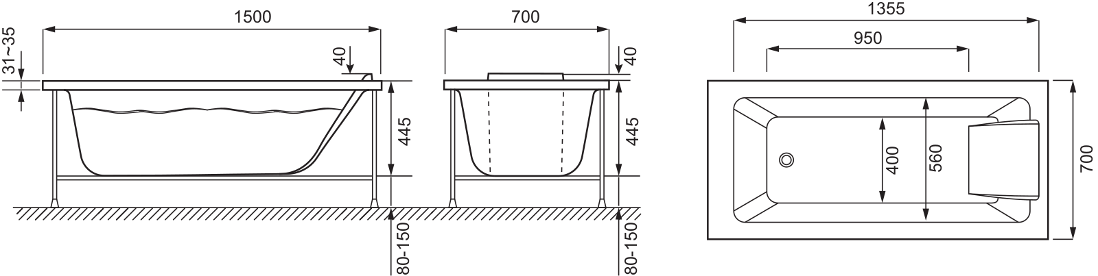 Jacob Delafon SOFA E6D300RU-00 Dimensions