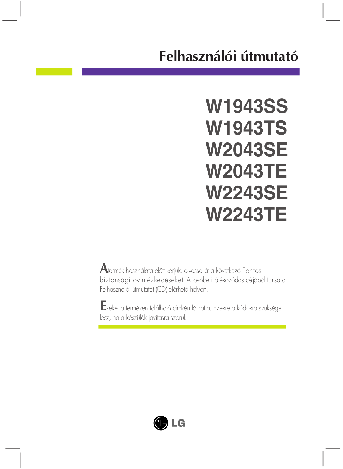 Lg W1943SS, W1943TS, W2043SE, W2043TE, W2243SE User Manual