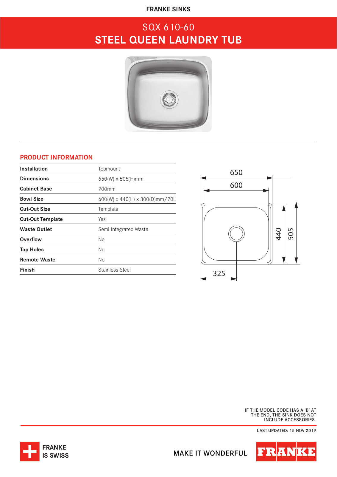 Franke SQX610-60 Specifications Sheet