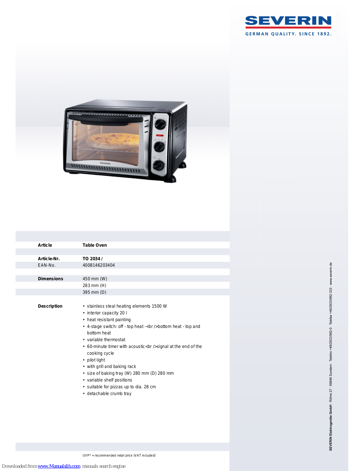 SEVERIN TOASTOFEN TO 2034, TO 2034 Dimensions