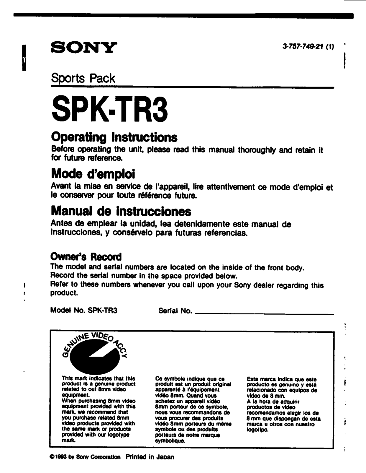 Sony SPK-TR3 User Manual