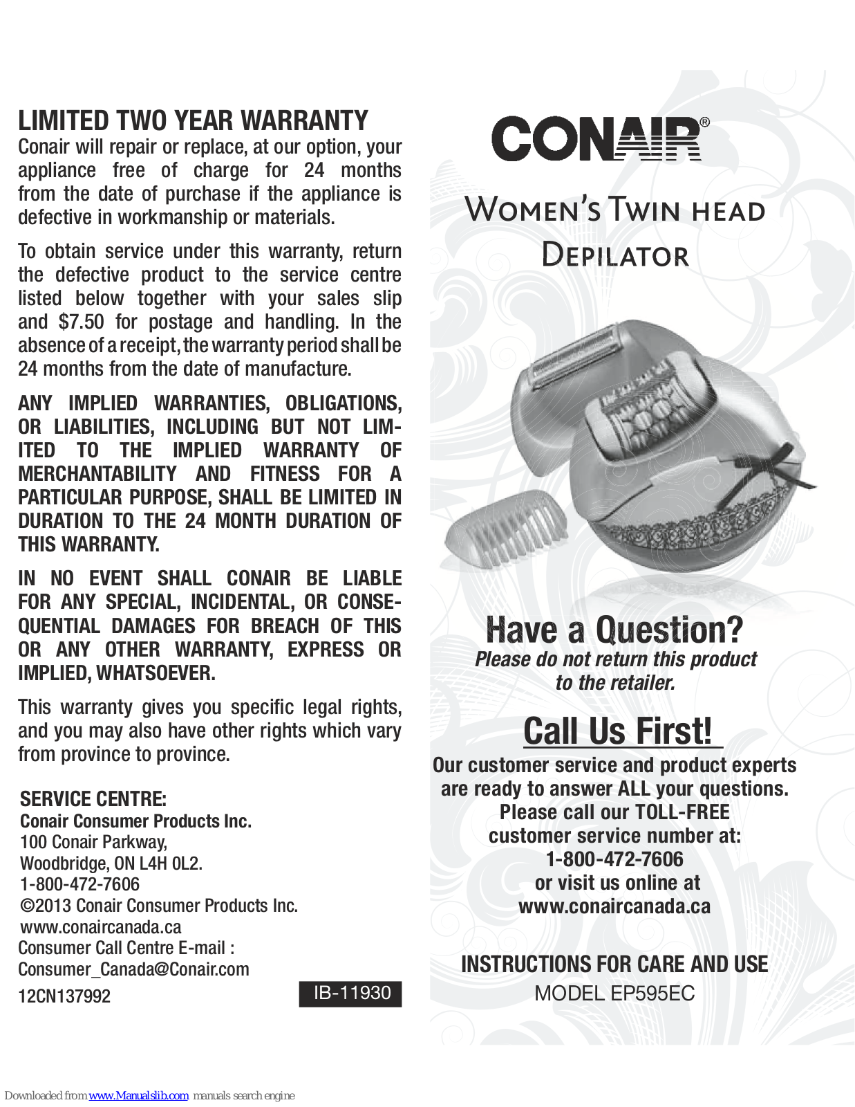 Conair EP595EC Instructions For Care And Use