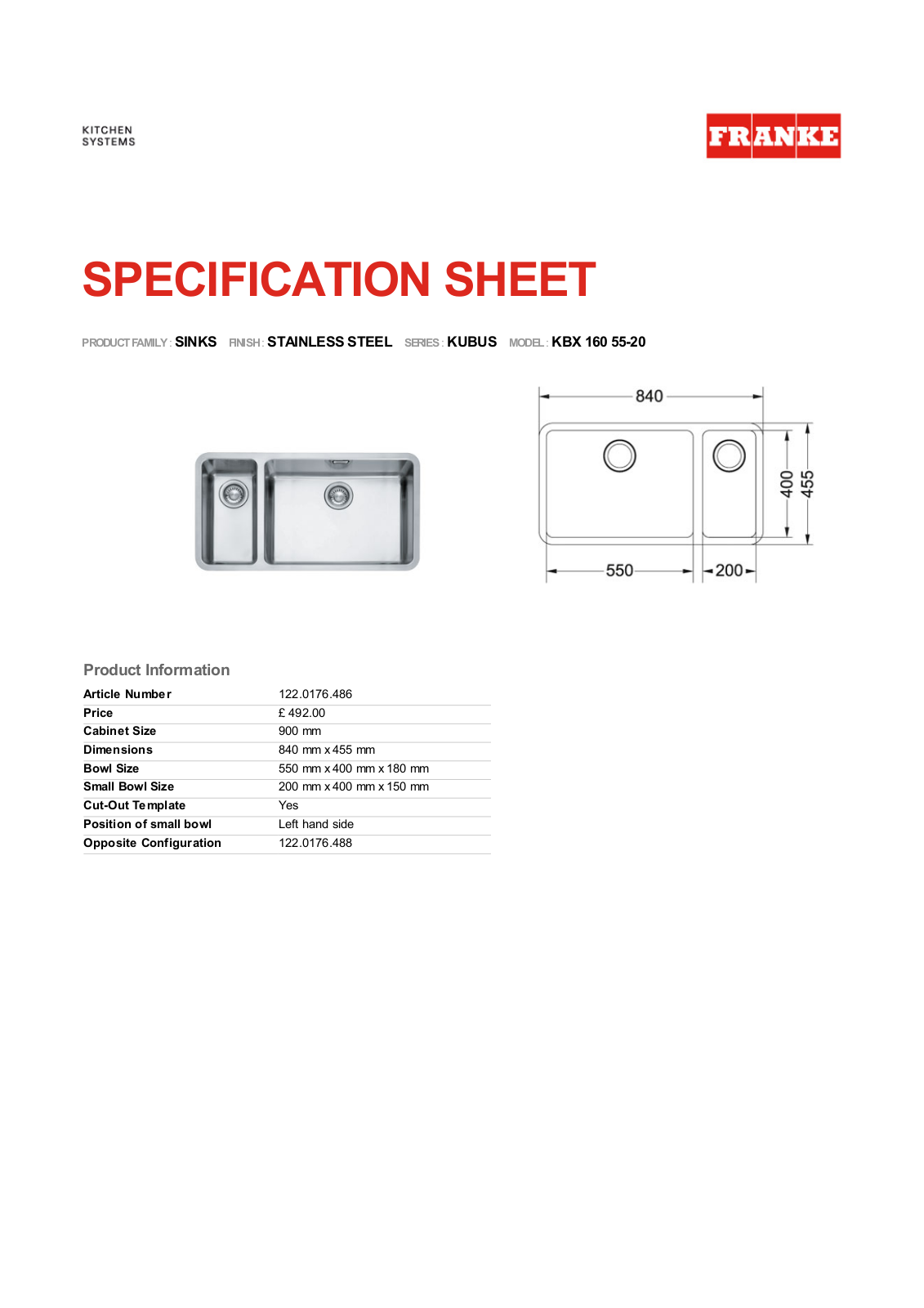 Franke Foodservice KBX 160 55-20 User Manual