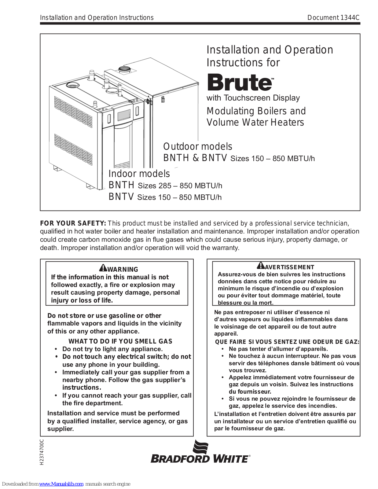 Bradford White Brute Installation And Operating Instructions Manual