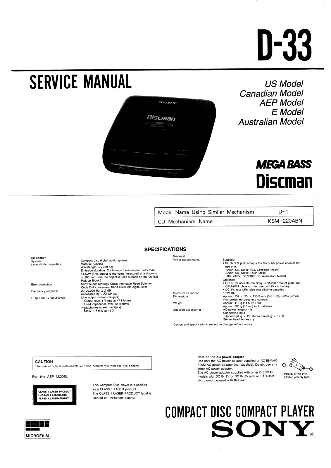 SONY D 190 X Service Manual