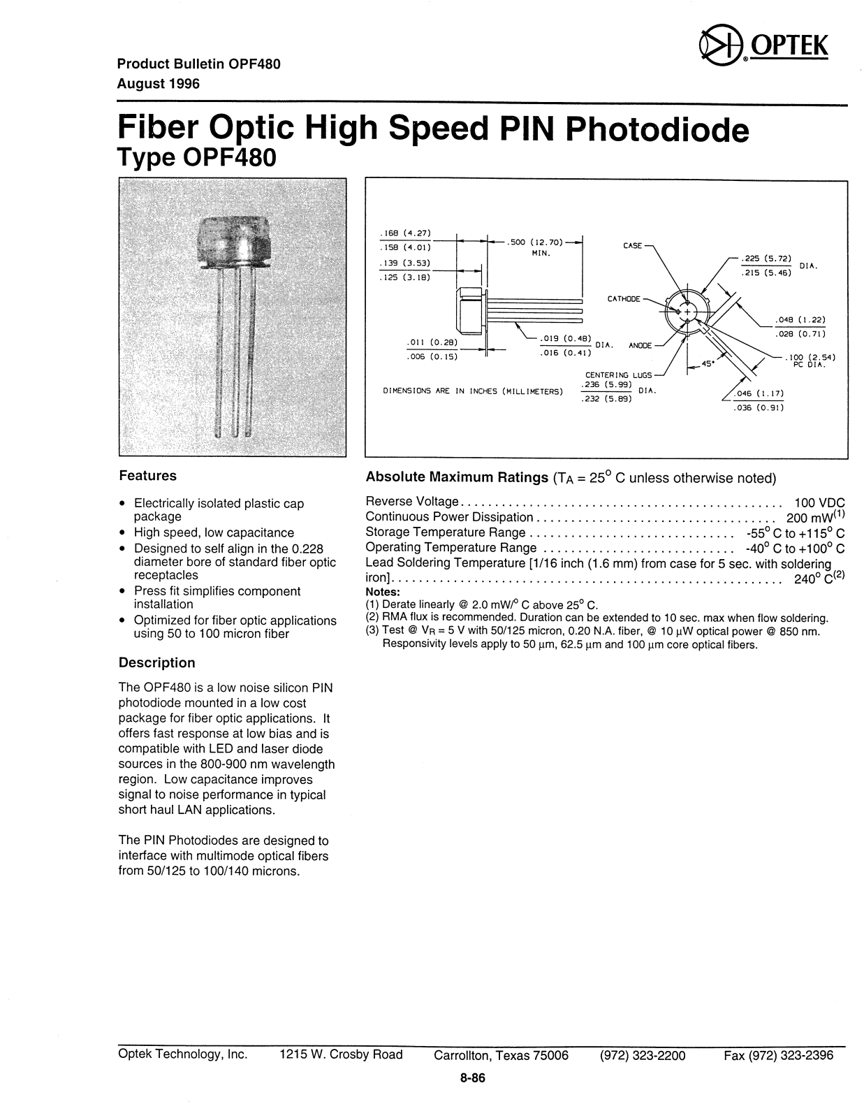 Datasheet OPF480 Datasheet (OPTEK) - ManualMachine.com