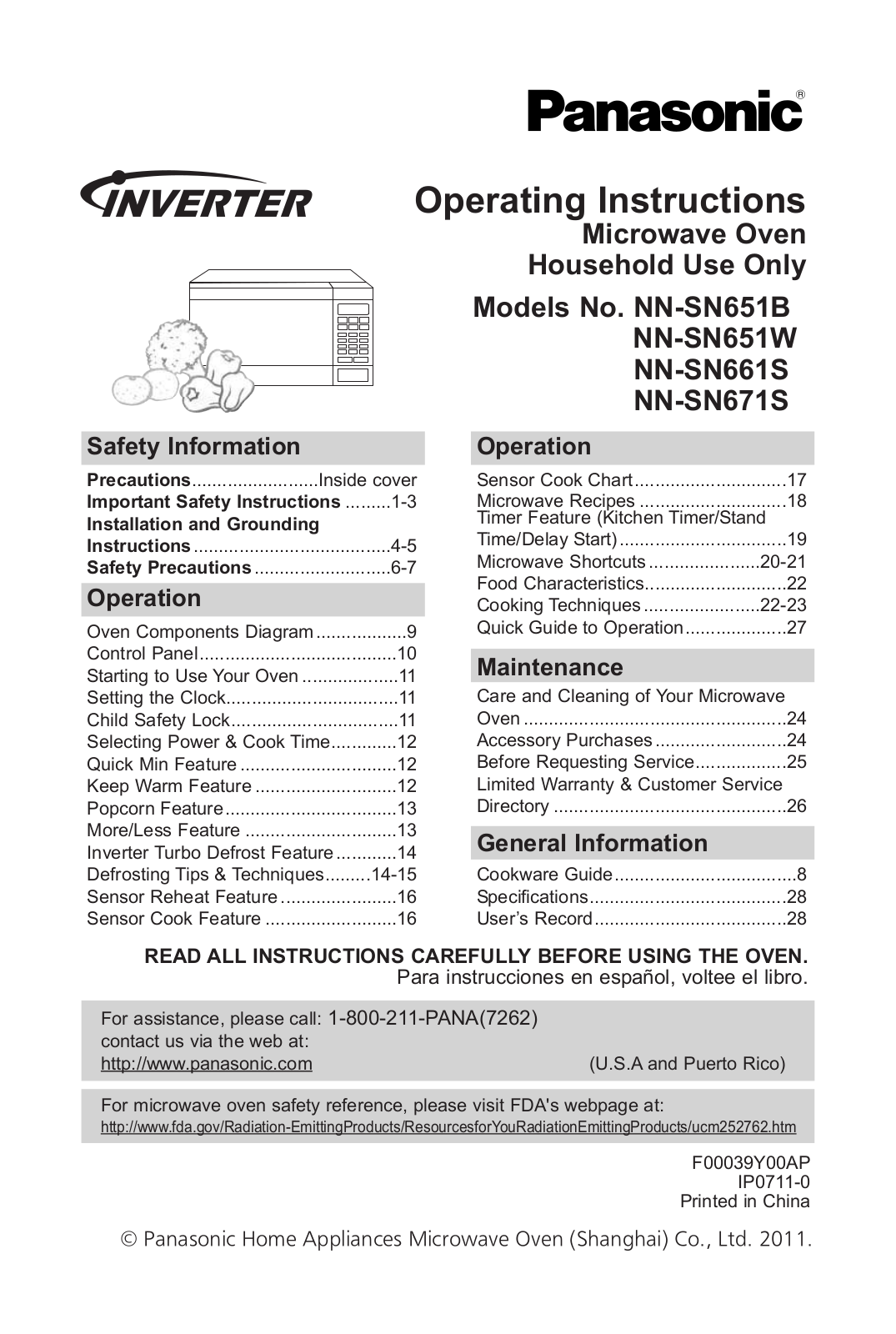 Panasonic NN-SN651W, NN-SN661S, NN-SN671S Operating Instruction