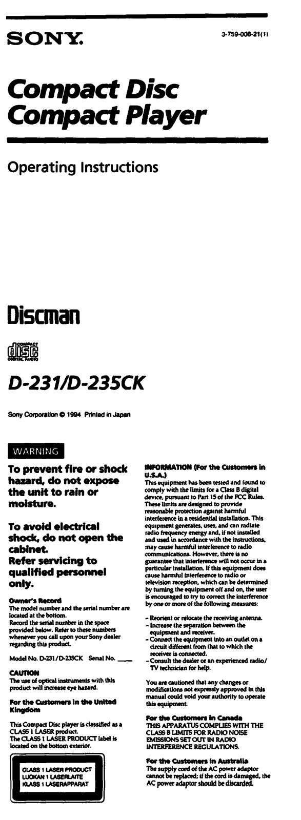 Sony D231, D235CK Operating Instructions