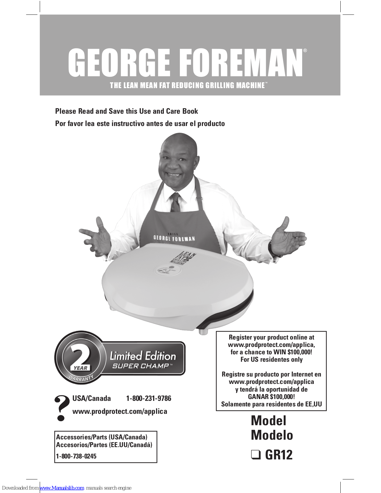 George Foreman Super Champ GR12 Use And Care Book Manual