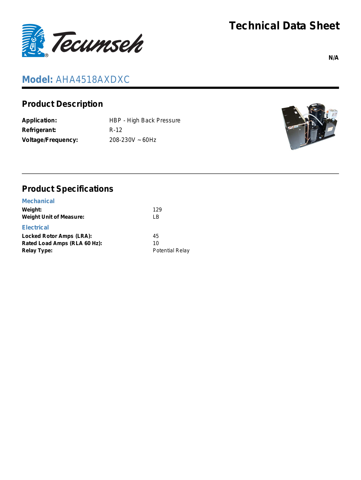 Tecumseh AHA4518AXDXC Technical Data Sheet